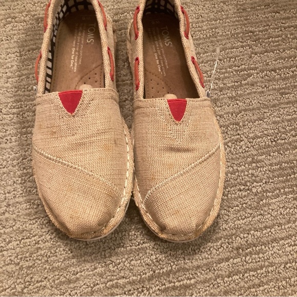 TOMS Natural and Red Canvas Slip-Ons - Picture 1 of 6
